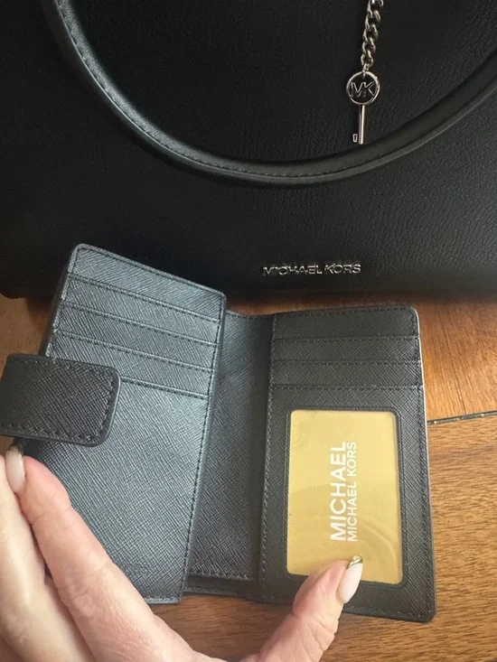 Michael Kors Black Leather Satchel Silver-Tone Charm and Matching Wallet New - Picture 8 of 11